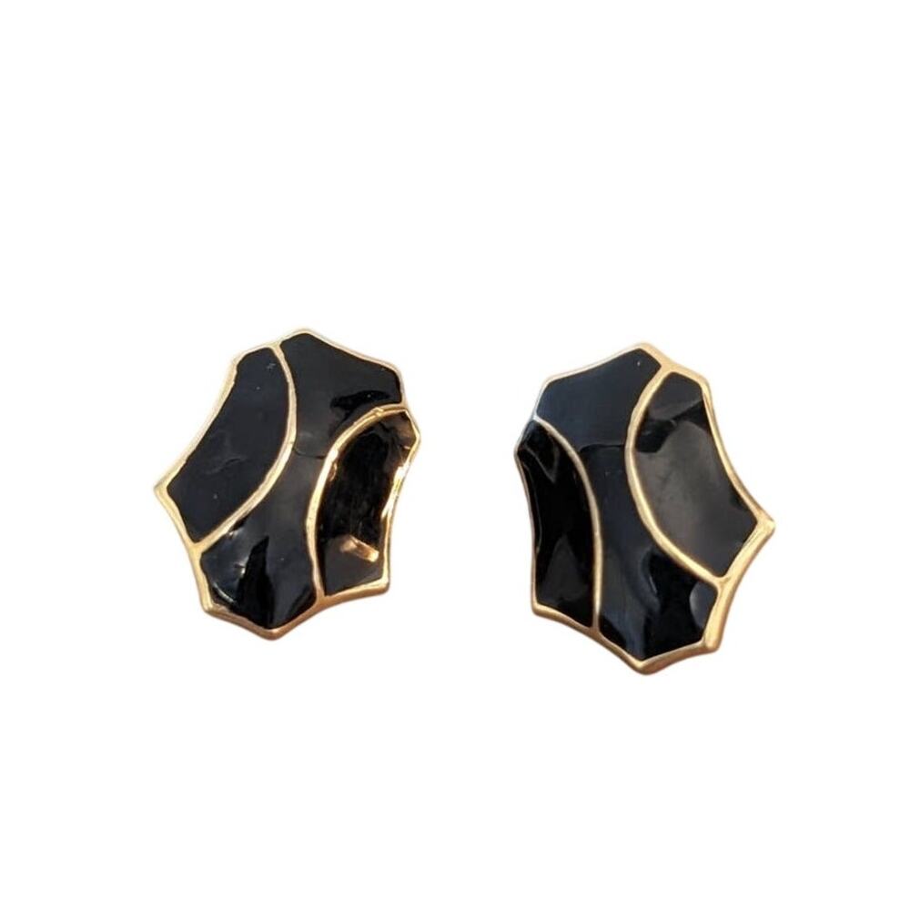 Monet Vintage Black Enamel Gold Tone Post Earrings